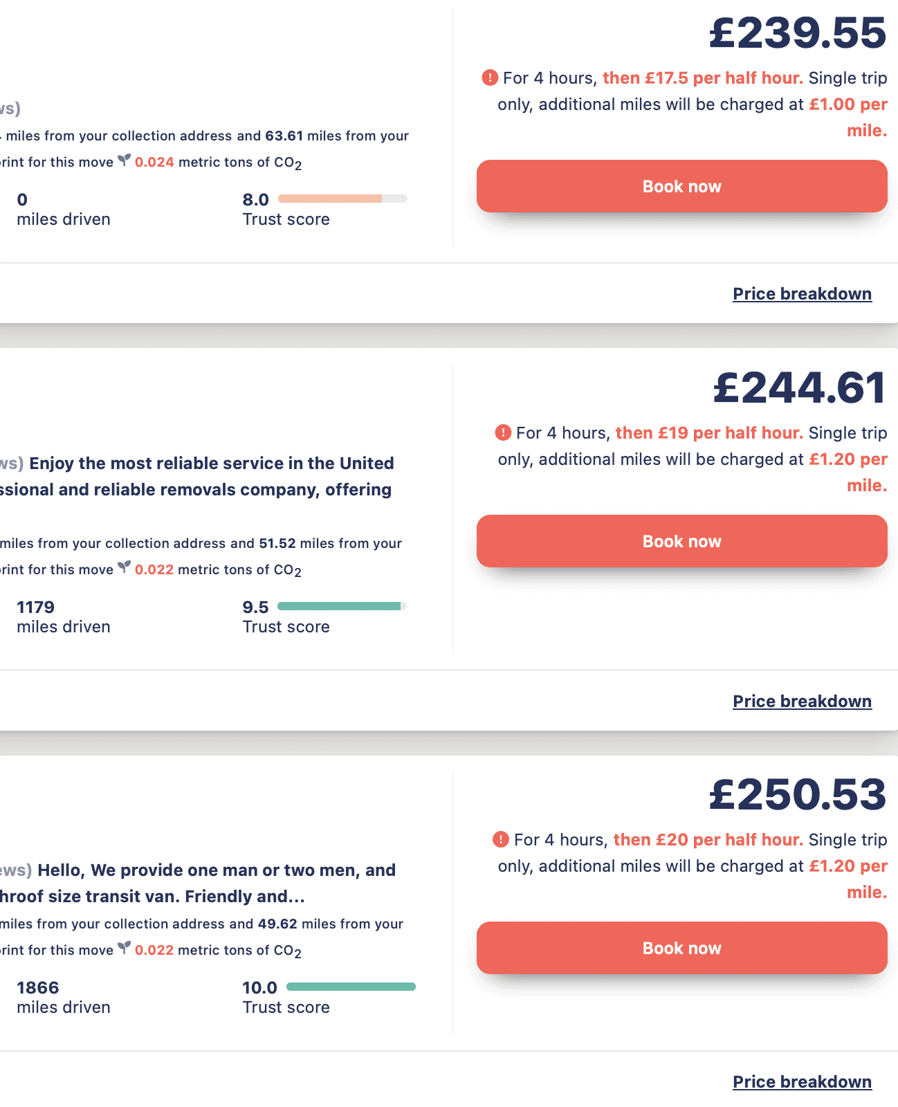 Real driver quotes for a London to Brighton move, showing price, insurance rating and completed jobs