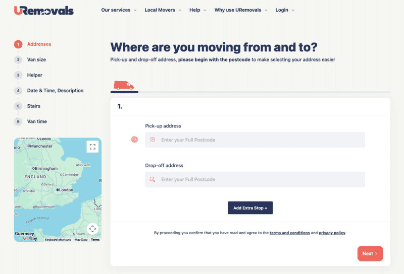 The URemovals booking form asking for pick-up and drop-off postcodes