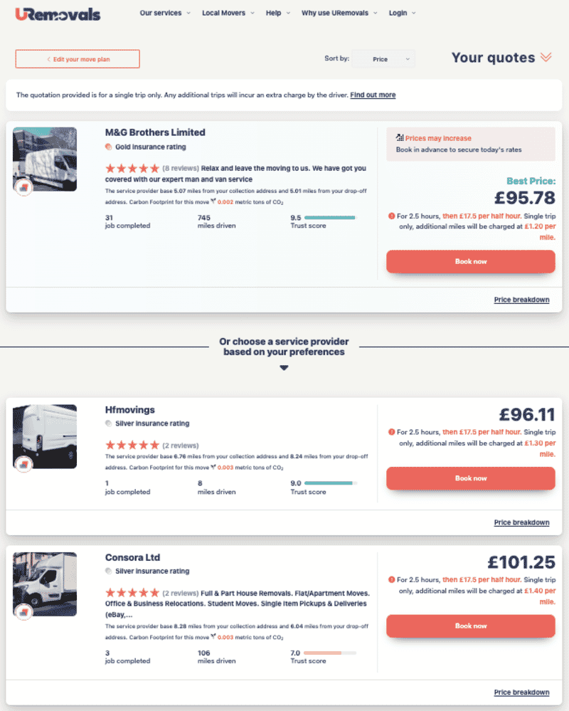 A URemovals quote list showing how a service provider appears to customers