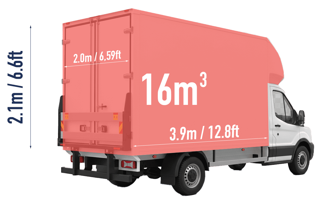 A Luton van with dimensions marked, showing a volume of 16m³