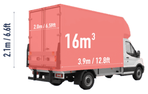 A Luton van with dimensions marked, showing a volume of 16m³