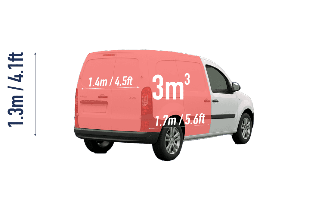 A small moving van with dimensions marked, showing a volume of 3m³