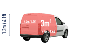 A small moving van with dimensions marked, showing a volume of 3m³