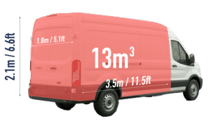 A large moving van with dimensions marked, showing a volume of 13m³